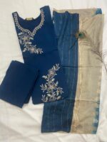 Prussian Blue Embroidered A-Line Silk Kurta, Pant & Dupatta Set - Image 2