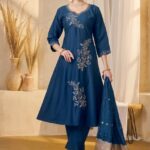 Prussian Blue Embroidered A-Line Silk Kurta, Pant & Dupatta Set