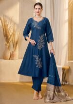 Prussian Blue Embroidered A-Line Silk Kurta, Pant & Dupatta Set