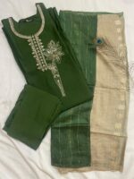 Green Embroidered A-Line Silk Kurta, Pant & Dupatta Set - Image 2