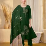 Green Embroidered A-Line Silk Kurta, Pant & Dupatta Set