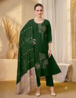 Green Embroidered A-Line Silk Kurta, Pant & Dupatta Set