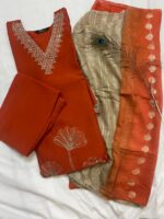 Rust Orange Embroidered A-Line Silk Kurta, Pant & Dupatta Set - Image 2