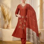Rust Orange Embroidered A-Line Silk Kurta, Pant & Dupatta Set