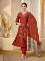 Rust Orange Embroidered A-Line Silk Kurta, Pant & Dupatta Set