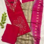 Rani Pink Embroidered A-Line Silk Kurta, Pant & Dupatta Set