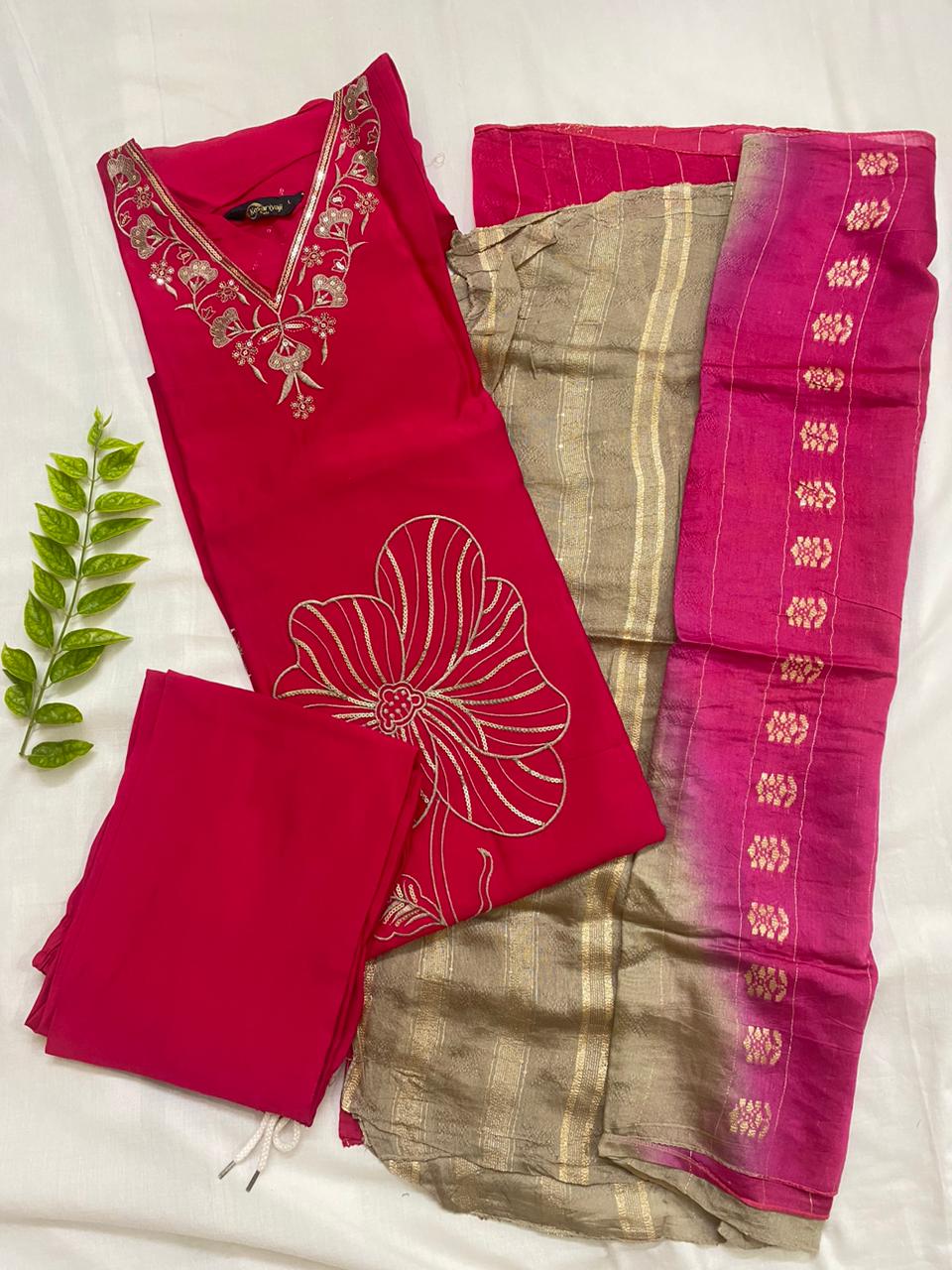 UrvasiPink Rani Pink Embroidered A-Line Silk Kurta, Pant & Dupatta Set - Image 1