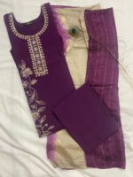 Deep Plum Purple Embroidered A-Line Silk Kurta, Pant & Dupatta Set - Image 2