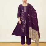 Deep Plum Purple Embroidered A-Line Silk Kurta, Pant & Dupatta Set