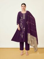 Deep Plum Purple Embroidered A-Line Silk Kurta, Pant & Dupatta Set