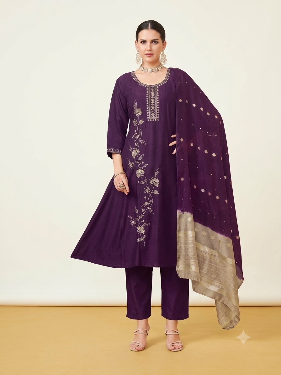 UrvasiPurple1 Deep Plum Purple Embroidered A-Line Silk Kurta, Pant & Dupatta Set - Image 1