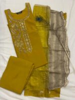 Mustard Yellow Embroidered A-Line Silk Kurta, Pant & Dupatta Set - Image 2