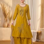 Mustard Yellow Embroidered A-Line Silk Kurta, Pant & Dupatta Set