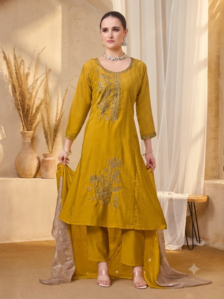 Urvasiyellow1 Mustard Yellow Embroidered A-Line Silk Kurta, Pant & Dupatta Set - Image 1