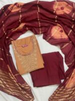 Peach & Deep Maroon Silk Blend Embroidered Kurta, Pant & Dupatta Set - Image 2