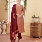 Peach & Deep Maroon Silk Blend Embroidered Kurta, Pant & Dupatta Set