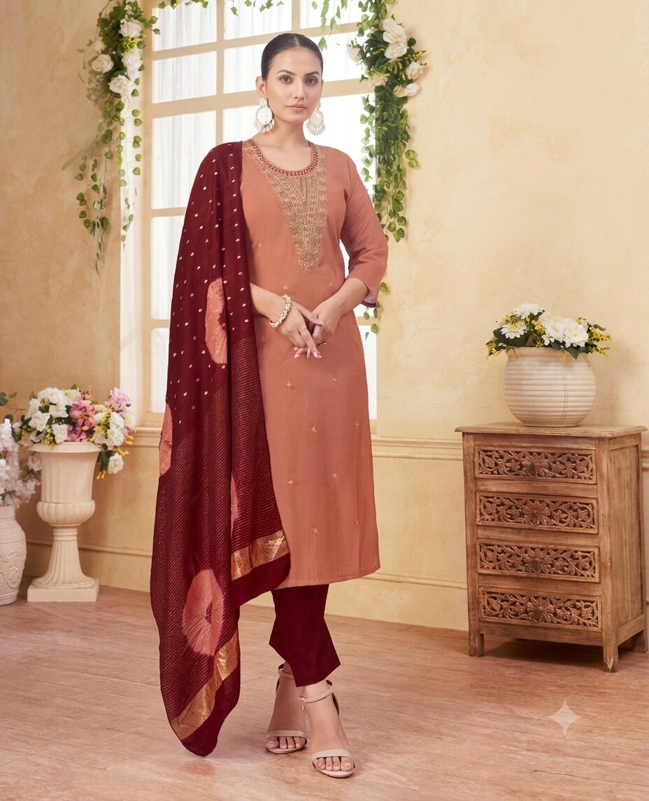 VKurtaDeepMar1 Peach & Deep Maroon Silk Blend Embroidered Kurta, Pant & Dupatta Set - Image 1