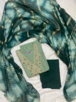 Mint & Bottle Green Silk Blend Embroidered V-Neck Kurta, Pant & Dupatta Set - Image 2