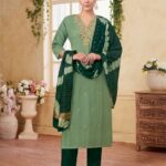 Mint & Bottle Green Silk Blend Embroidered V-Neck Kurta, Pant & Dupatta Set