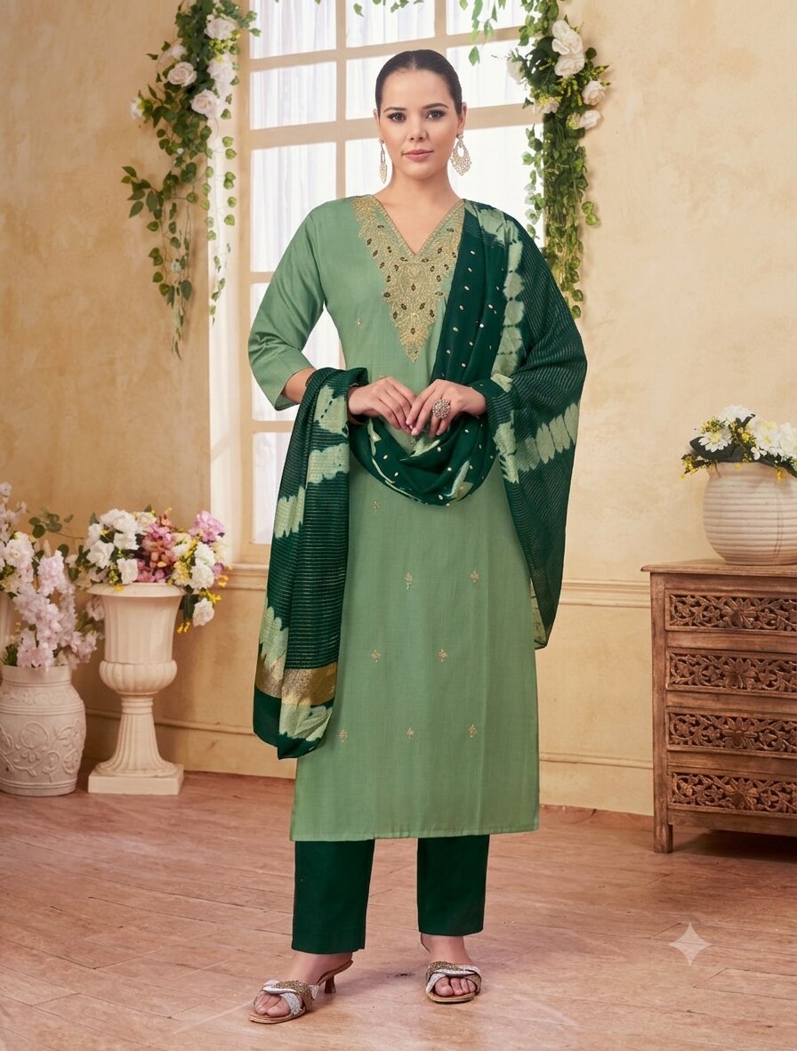 VKurtaGreen1 Mint & Bottle Green Silk Blend Embroidered V-Neck Kurta, Pant & Dupatta Set - Image 1