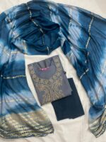 Metallic Steel Grey & Royal Blue Silk Blend Embroidered Kurta, Pant & Dupatta Set - Image 2