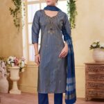Metallic Steel Grey & Royal Blue Silk Blend Embroidered Kurta, Pant & Dupatta Set