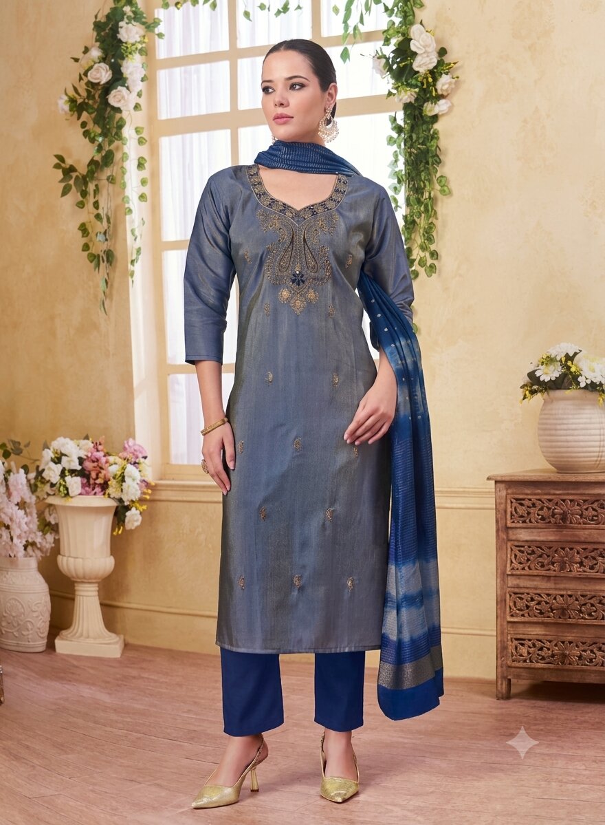 VKurtaGreyBlu1 Metallic Steel Grey & Royal Blue Silk Blend Embroidered Kurta, Pant & Dupatta Set - Image 1