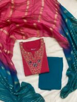 Rani Pink & Teal Green Silk Blend Embroidered Kurta, Pant & Dupatta Set - Image 2
