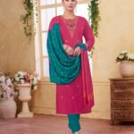 Rani Pink & Teal Green Silk Blend Embroidered Kurta, Pant & Dupatta Set