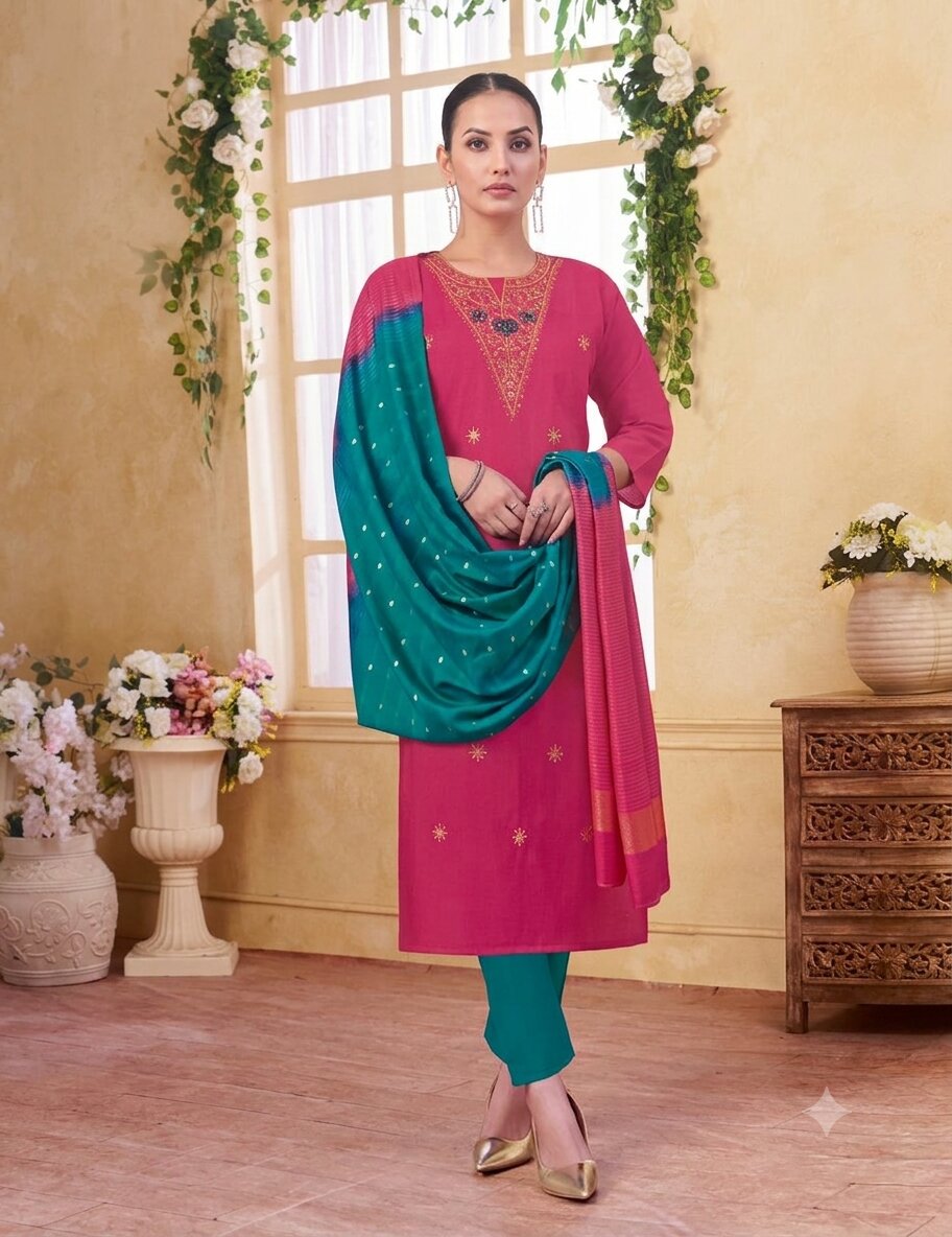 VKurtaPinkGreen1 Rani Pink & Teal Green Silk Blend Embroidered Kurta, Pant & Dupatta Set - Image 1