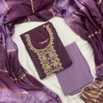 Wine & Mauve Silk Blend Embroidered Kurta, Pant & Dupatta Set