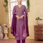 Mauve & Deep Purple Silk Blend Embroidered V-Neck Kurta, Pant & Dupatta Set