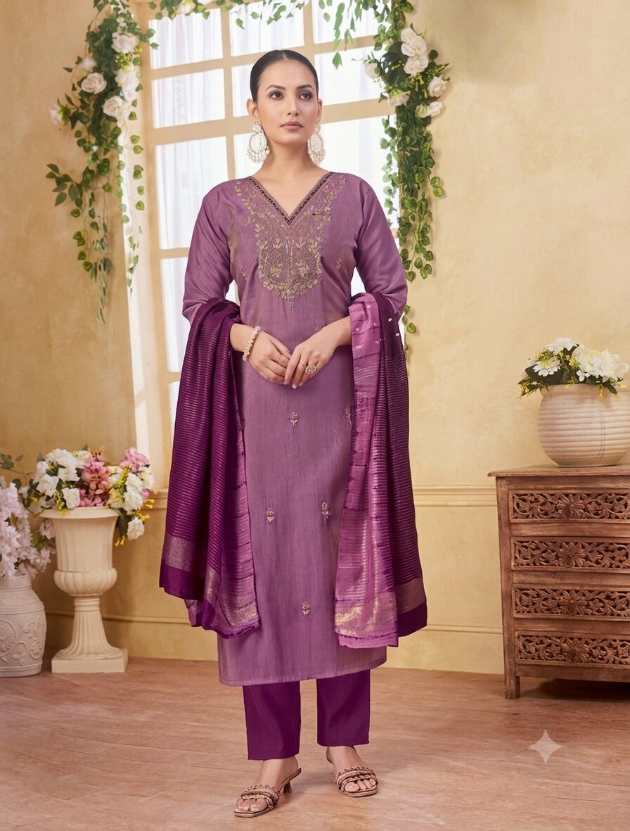 VKurtaPurple1 Mauve & Deep Purple Silk Blend Embroidered V-Neck Kurta, Pant & Dupatta Set - Image 1