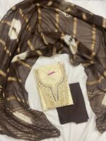 Off-White & Jet Black Silk Blend Embroidered Kurta, Pant & Dupatta Set - Image 2