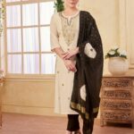 Off-White & Jet Black Silk Blend Embroidered Kurta, Pant & Dupatta Set
