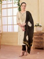 Off-White & Jet Black Silk Blend Embroidered Kurta, Pant & Dupatta Set