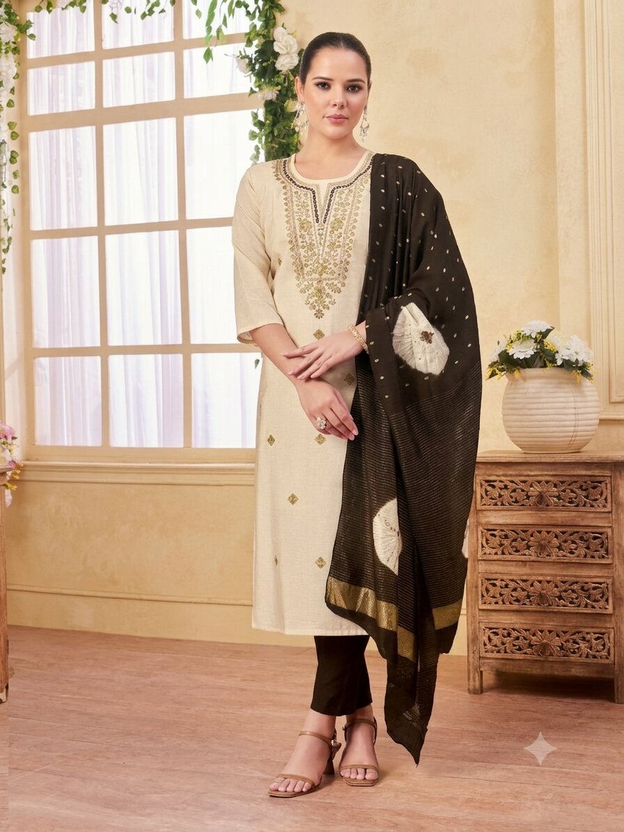 VKurtaWhite1 Off-White & Jet Black Silk Blend Embroidered Kurta, Pant & Dupatta Set - Image 1