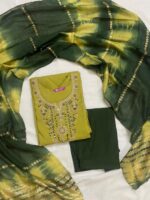 Lime & Dark Green Silk Blend Embroidered Kurta, Pant & Dupatta Set - Image 2