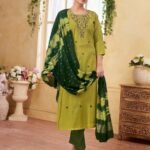 Lime & Dark Green Silk Blend Embroidered Kurta, Pant & Dupatta Set