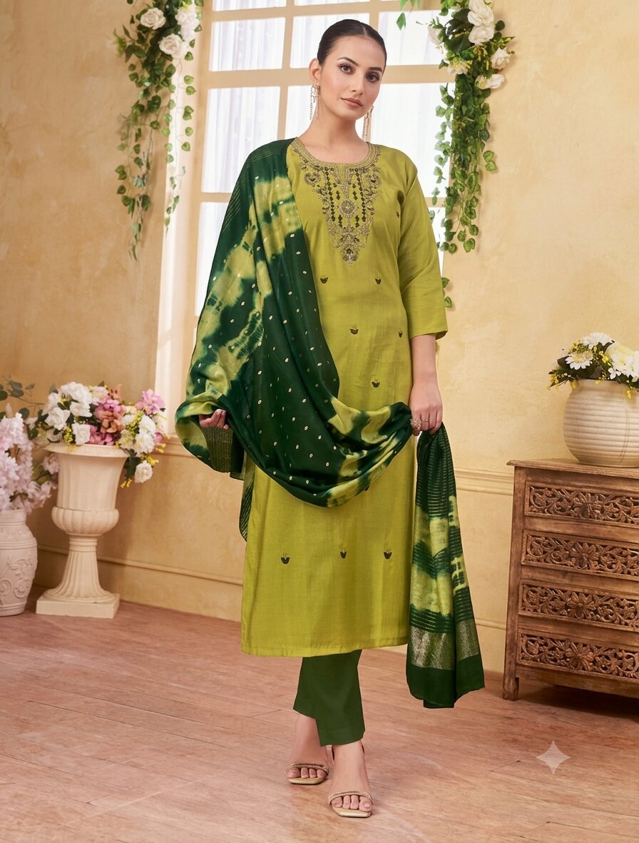 VKurtaliteGreen1 Lime & Dark Green Silk Blend Embroidered Kurta, Pant & Dupatta Set - Image 1