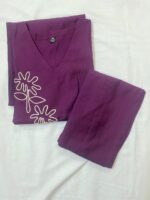 Minimalist Leaf Line-Art Kurta & Palazzo Set - Deep Purple - Image 2