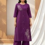 Minimalist Leaf Line-Art Kurta & Palazzo Set - Deep Purple