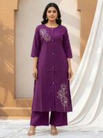 Minimalist Leaf Line-Art Kurta & Palazzo Set - Deep Purple